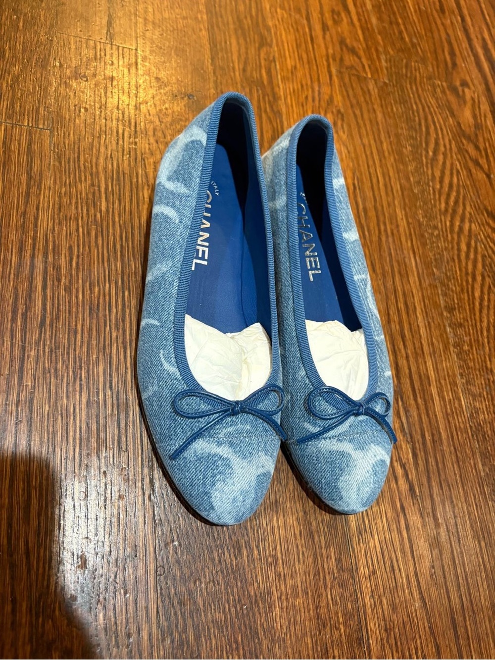 CHANEL Blue Denim Ballet Flats + Box